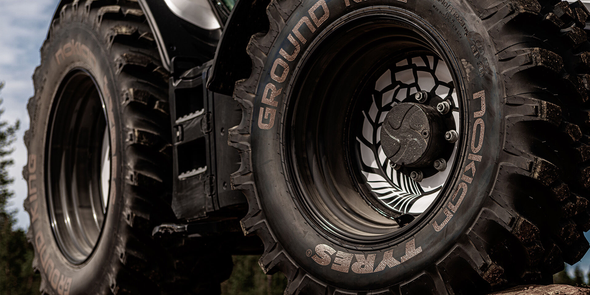 Close up Nokian Tyres heavy tires from a downward angle 