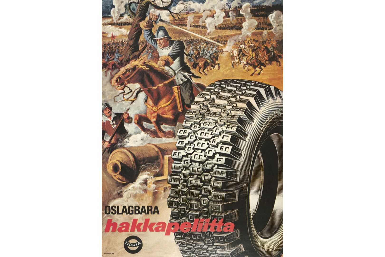 Vanha mainos, jossa Hakkapeliitta-sotilas ratsastaa miekka ojossa taisteluun vieressään rengas