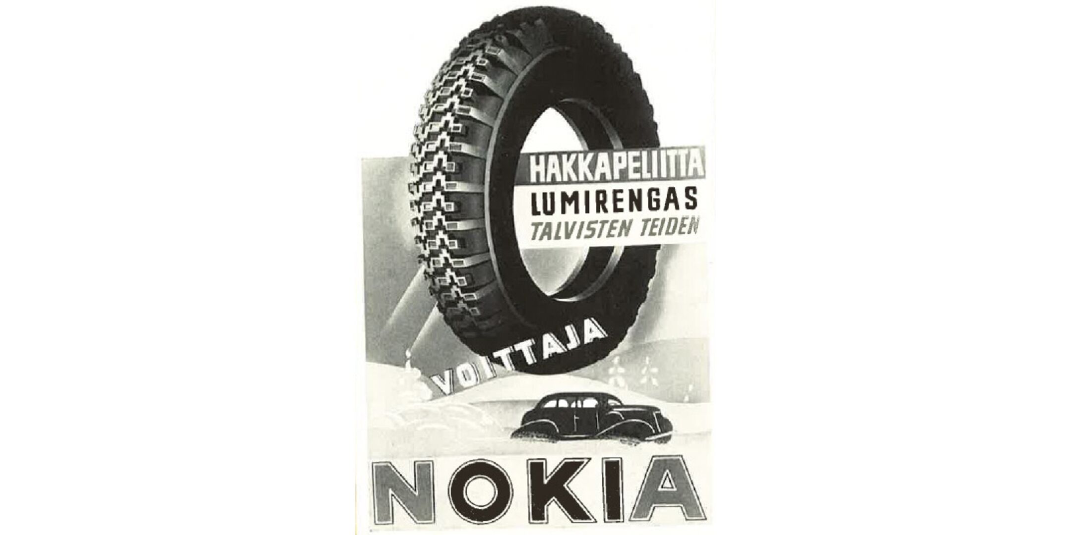 Vanha mainos, jossa piirretyn renkaan alla lukee "Nokia"