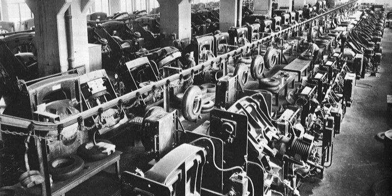Factory floor showing a line of machinery