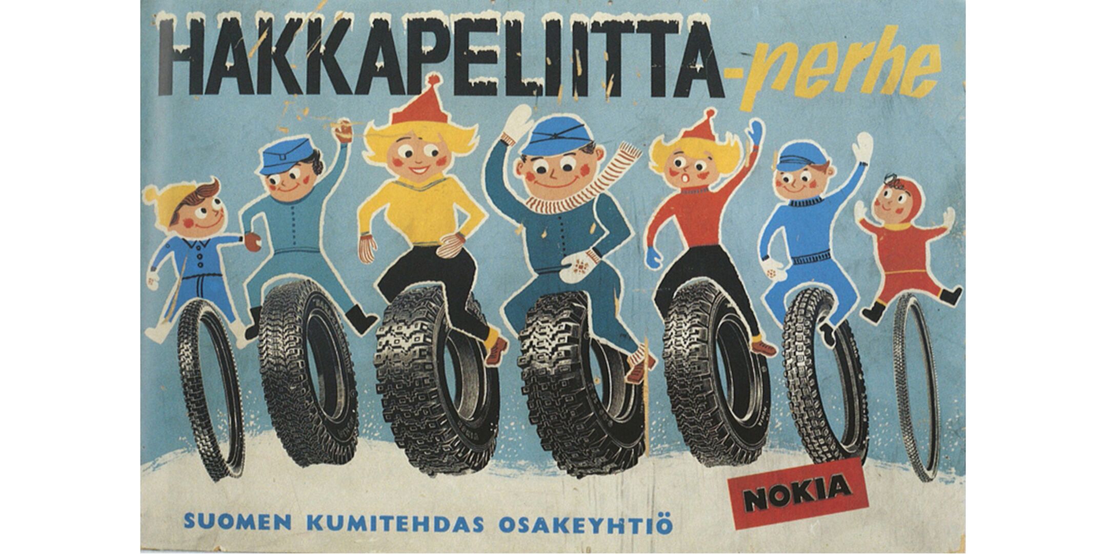 Värikäs mainos, jossa piirretty perhe istuu erilaisten renkaiden päällä