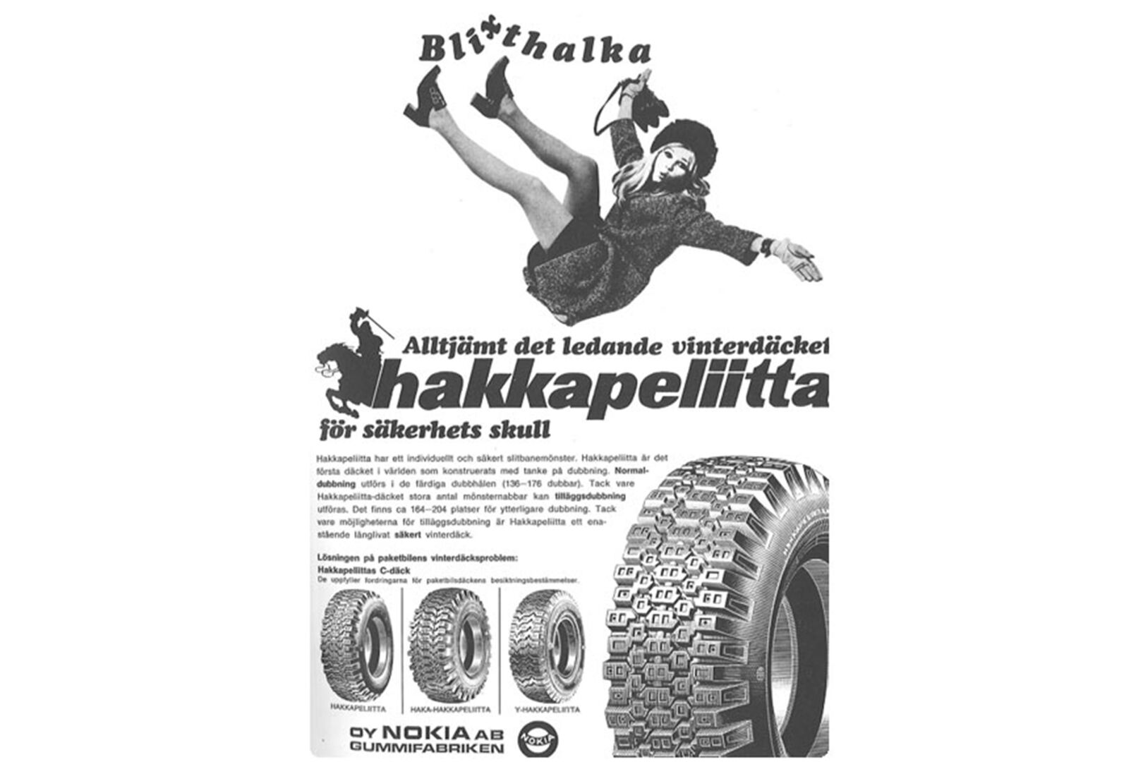Vanha mainos, jossa naishenkilö on ilmassa renkaiden yäpuolella