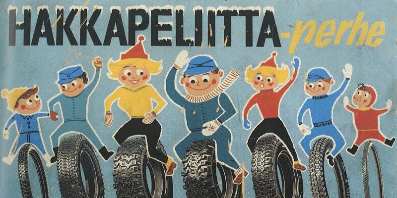 A colorful ad of a cartoon family sitting atop various tires