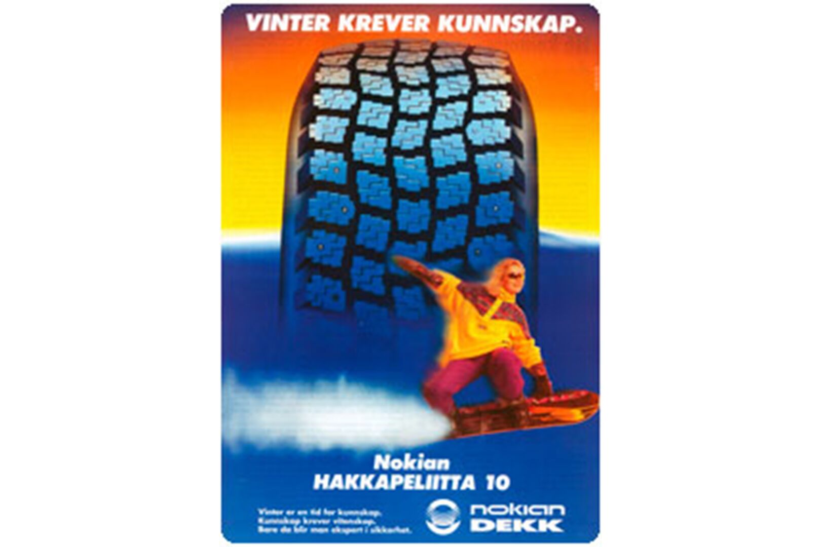 Vanha mainos, jossa lumilautailija viilettää renkaan ohi