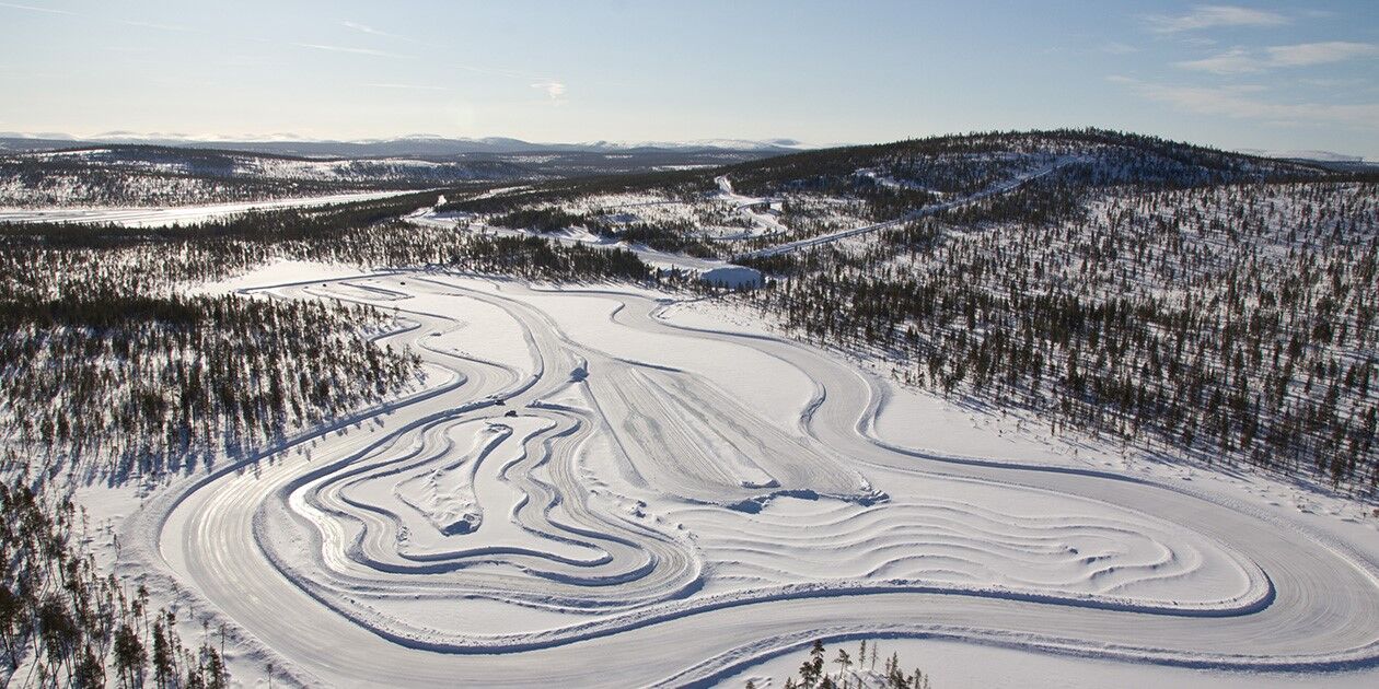 Aerial view of snowy test tracks in Ivalo