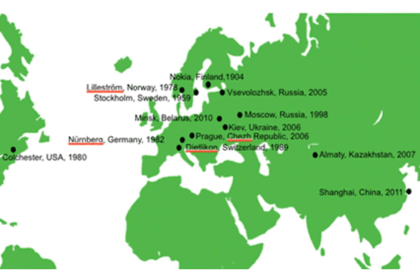 A map of Europe with various marked locations