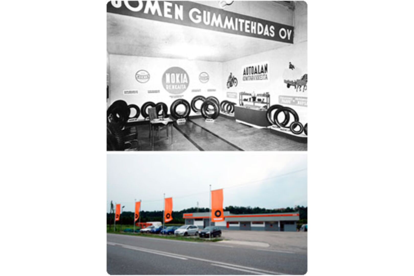 An old photo from a tire exhibition, with a newer photo of a Vianor center below. 