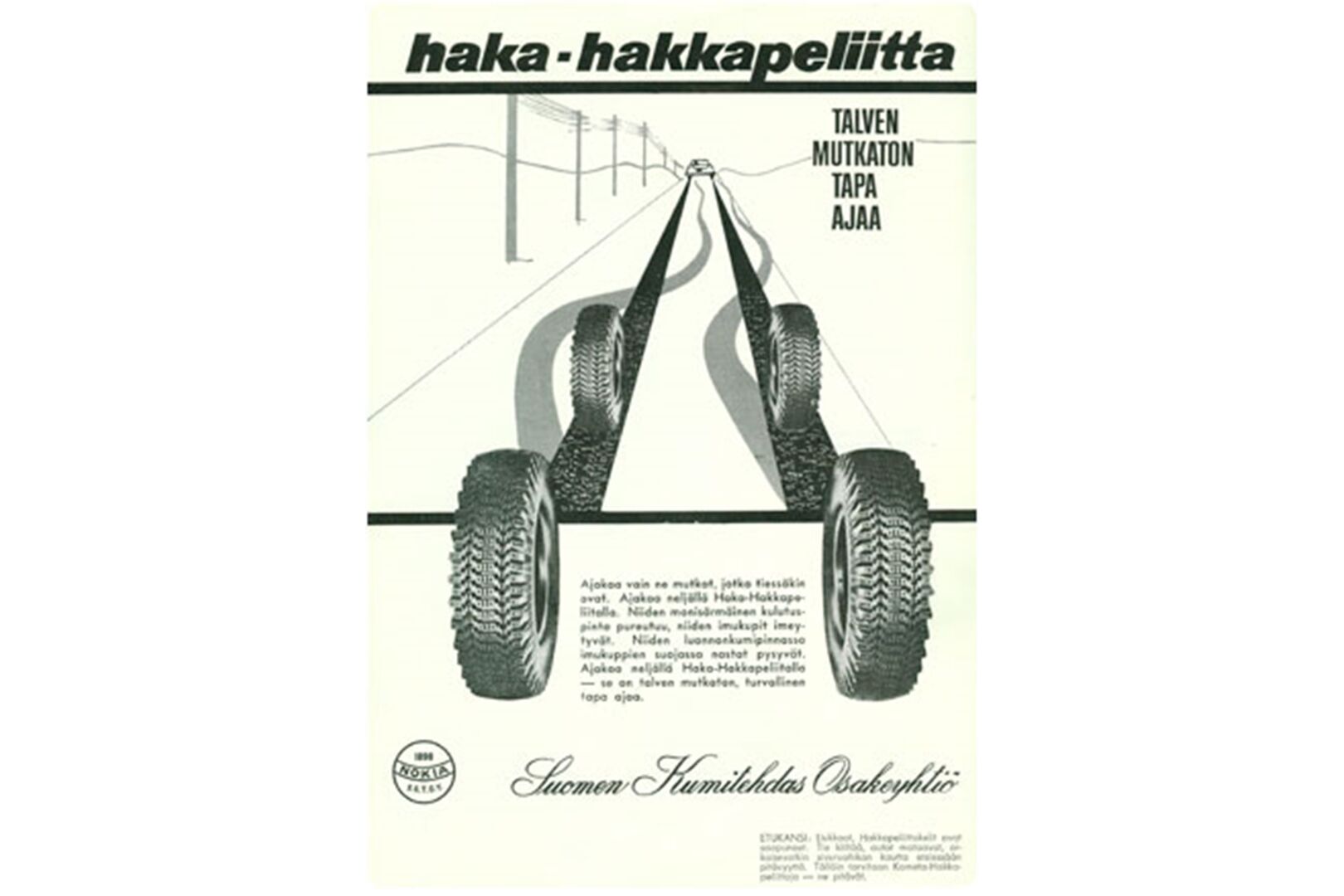 Vanha Haka-Hakkapeliitta mainos, jossa renkaat tekevät suorat jarrutusjäljet liukkaalla lumella
