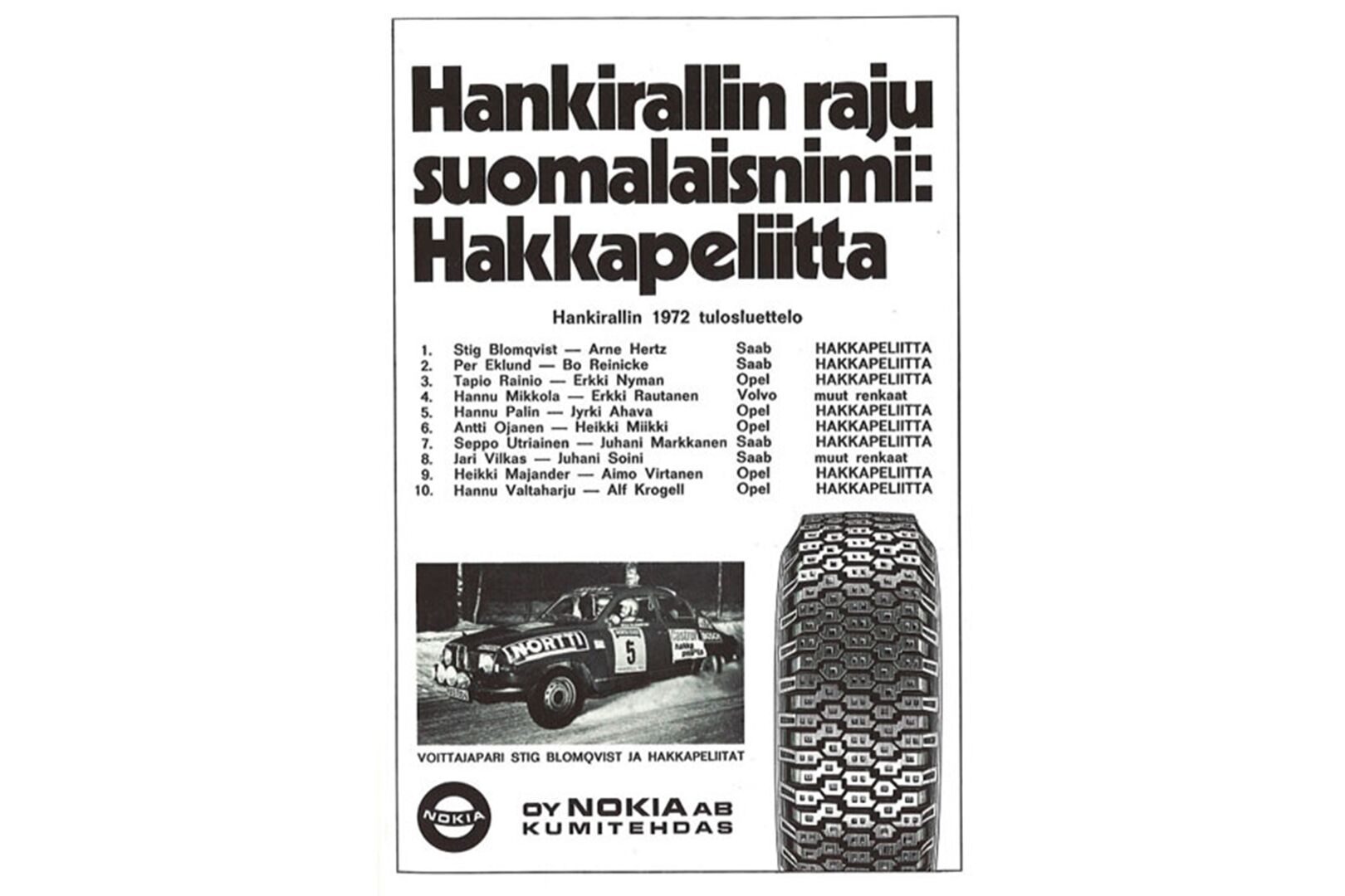 Hankirallin tuloslista, jonka tekstistä ilmenee että suuri osa kisaajista käytti Hakkapeliittoja.