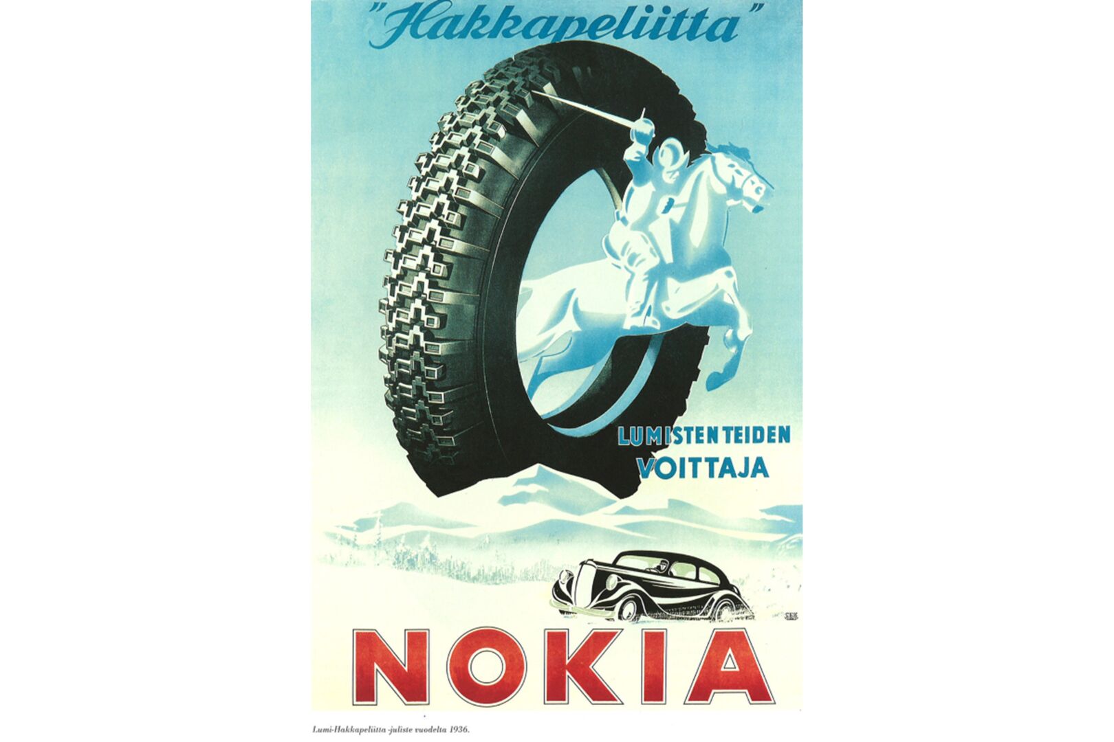 Vanha Hakkapeliitta-mainos, jossa Hakkapeliitta-sotilas ratsastaa hevosen renkaan läpi