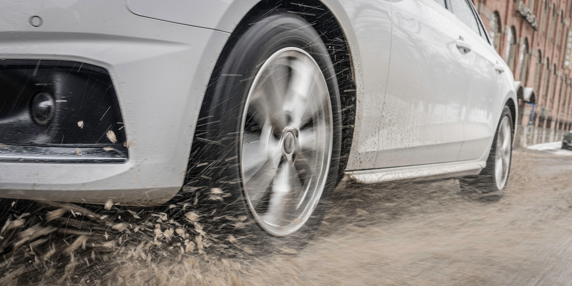 closeup of Nokian Tyres all-weather tire in slush