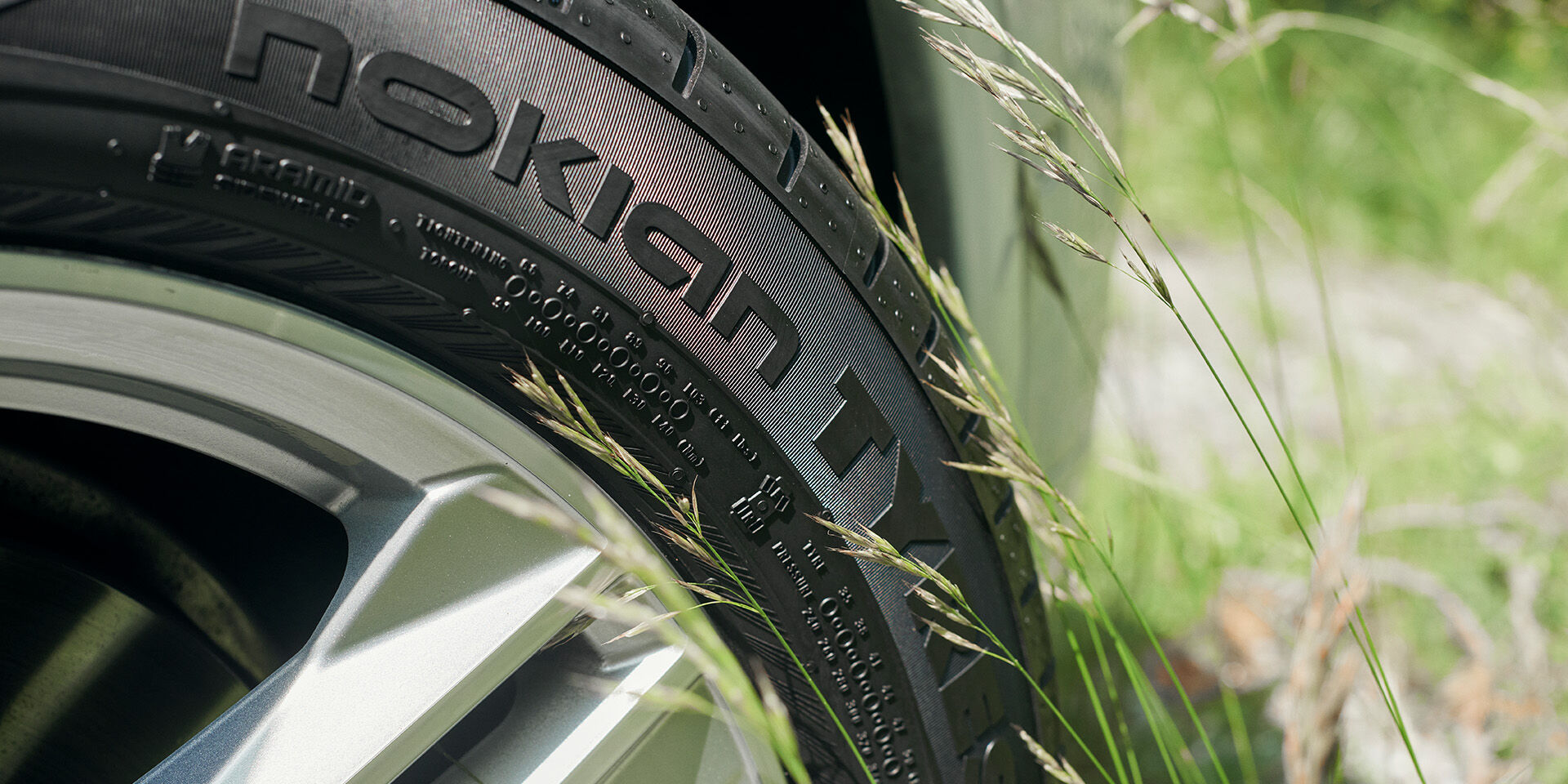 closeup Nokian Tyres tire in grass
