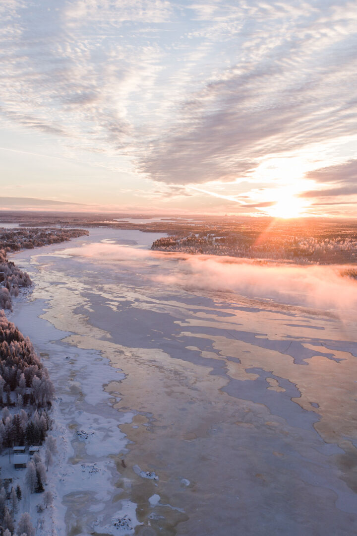 Sunset over a frozen lake