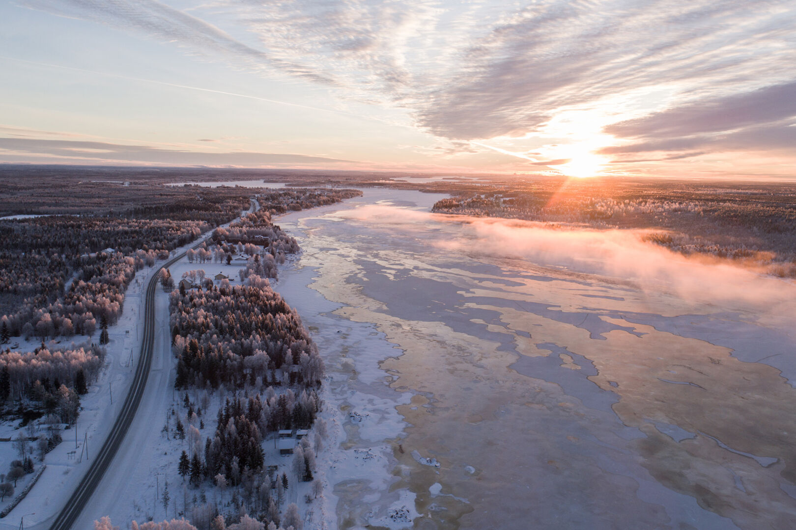 Sunset over a lake at winter