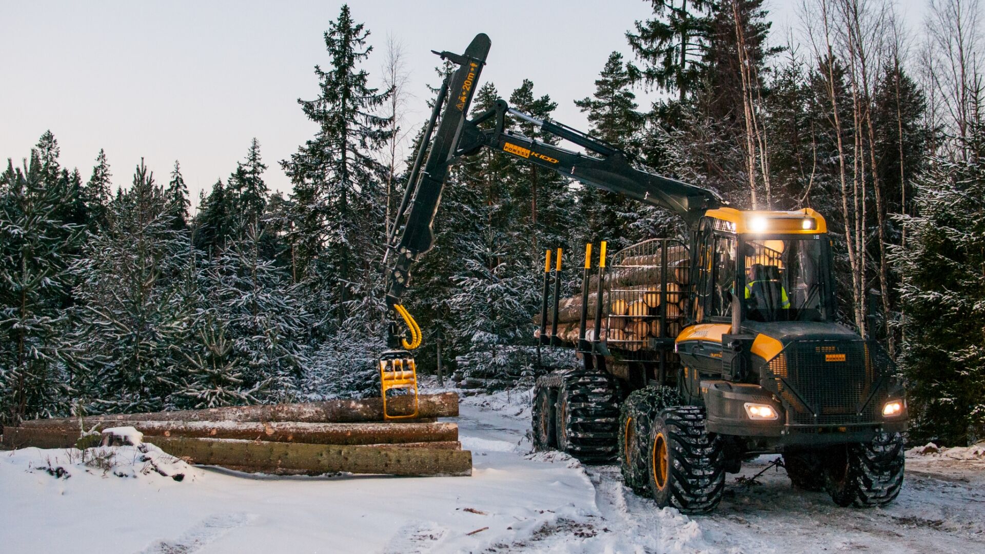 Nokian Tyres Forest King F2 at timber work in a snowy forest