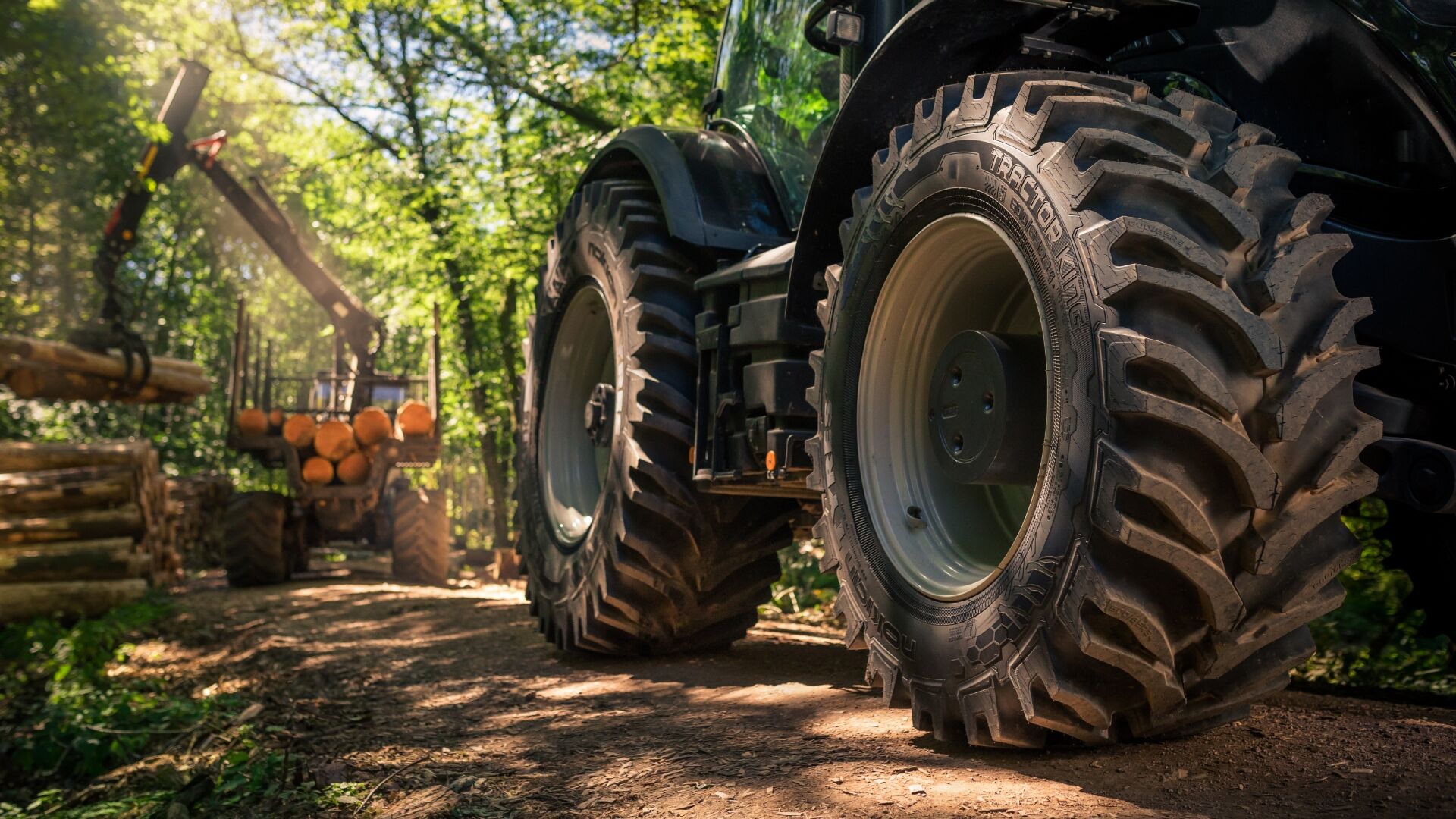 A close-up image of Nokian Tyres Tractor King during timber harvesting