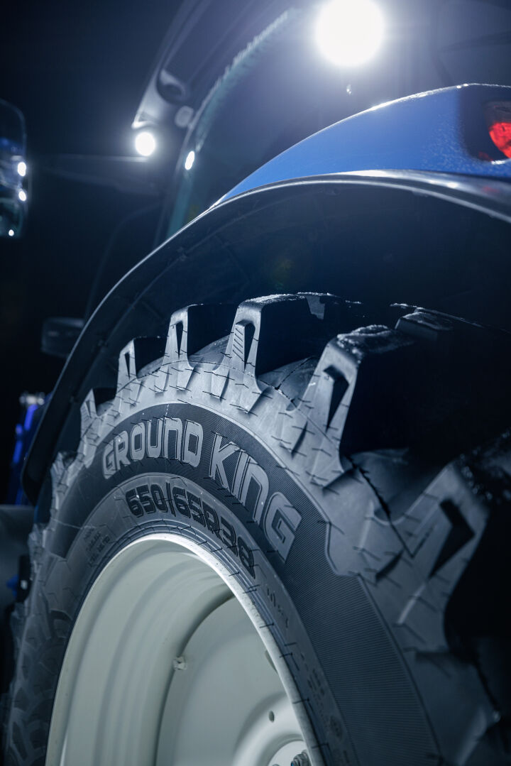 Close-up of Nokian Tyres Ground King tire in the dark.