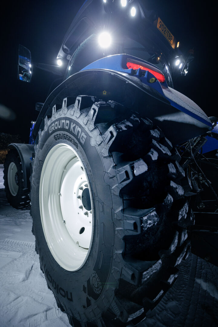 Close-up of Nokian Tyres Ground King tire in the dark.