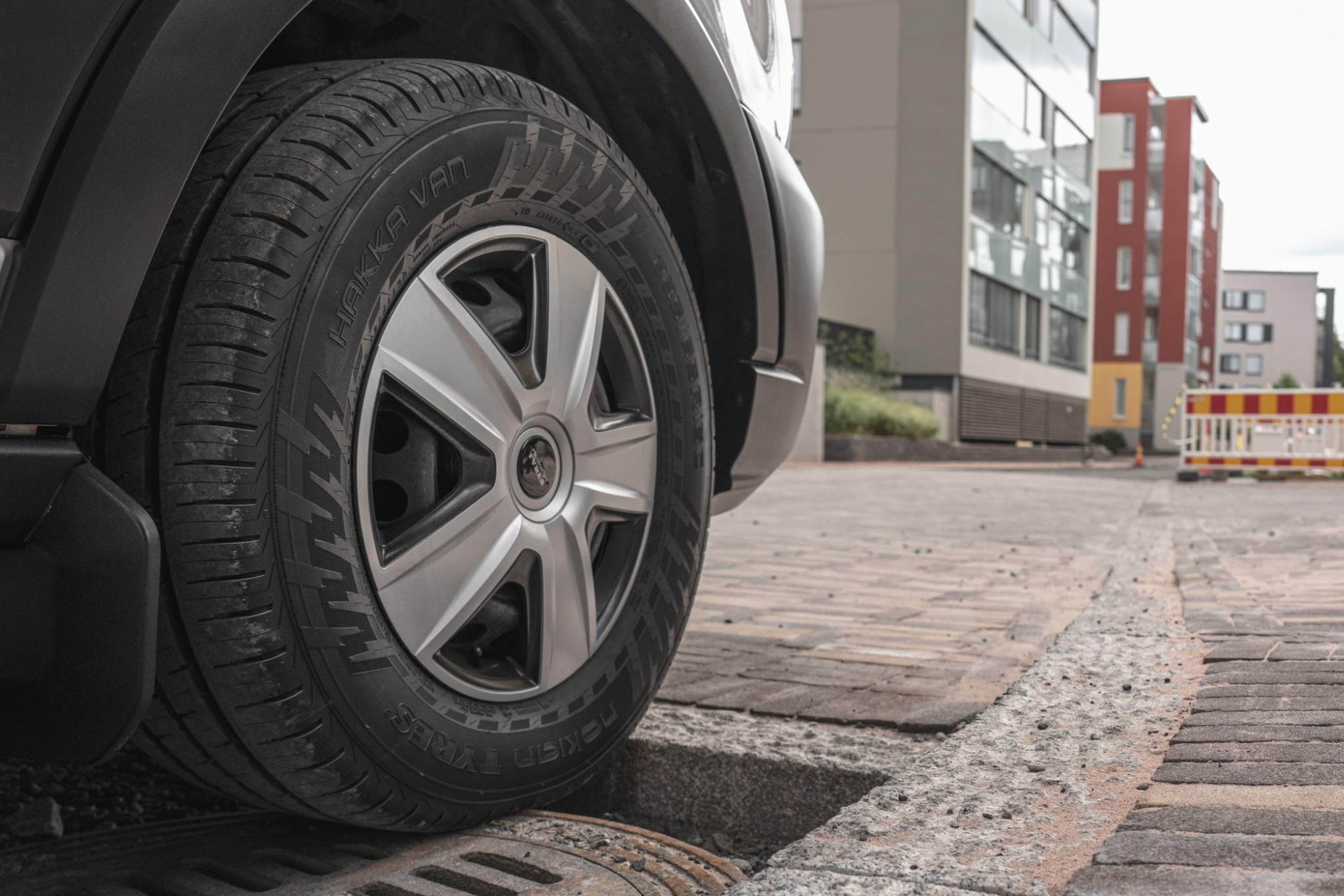 Closeup of a van front tire