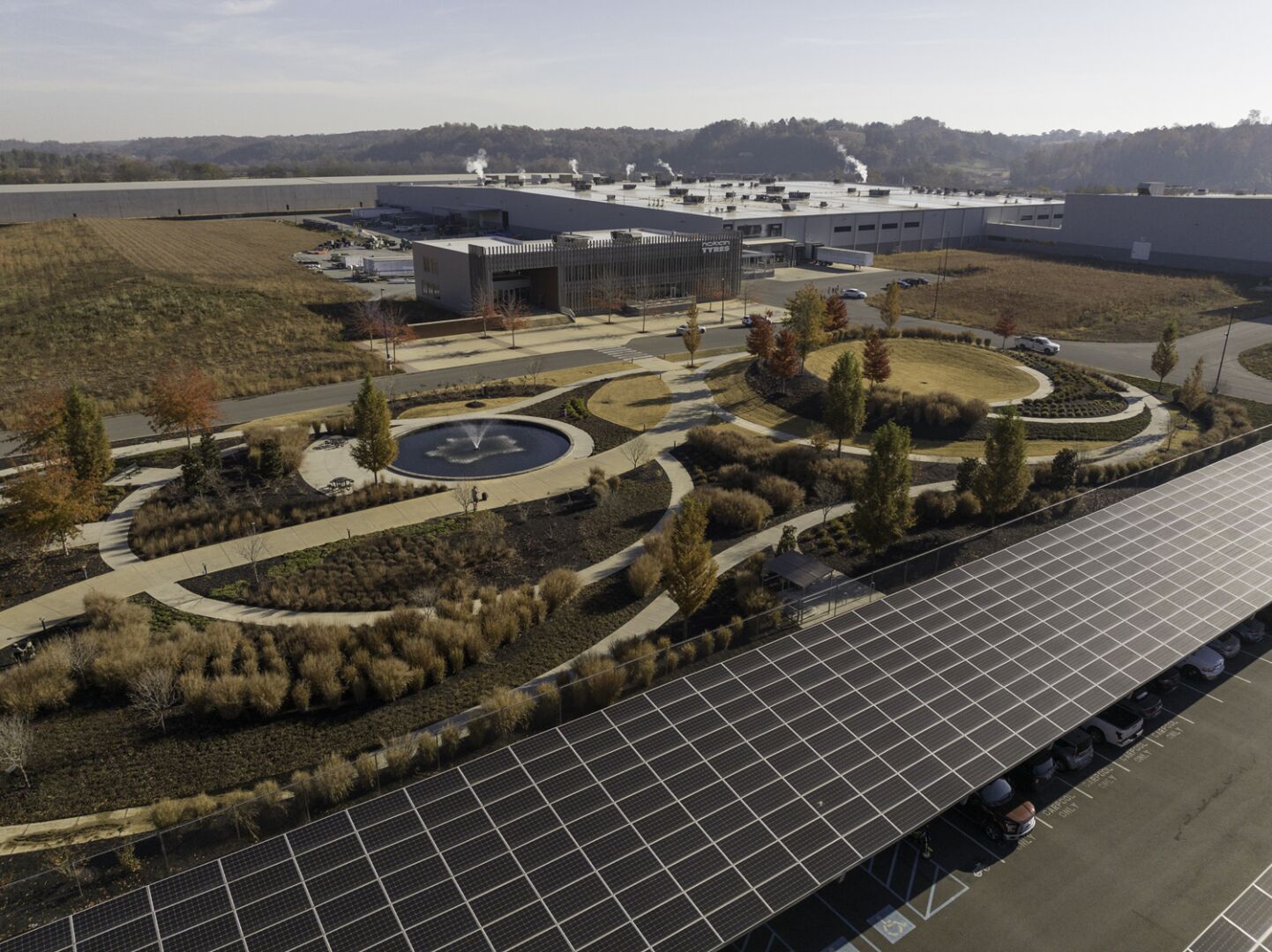 Nokian Tyres' Dayton, Tennessee Factory aerial shot view of solar panels, green space and admin building