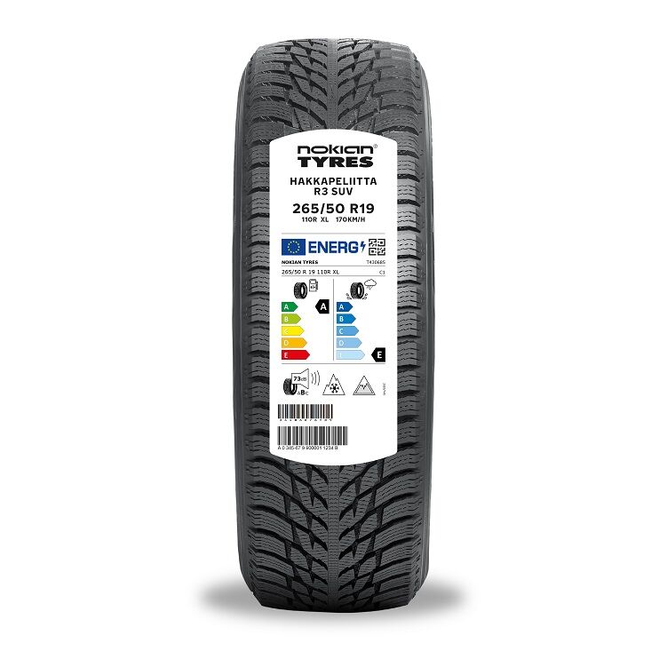 Bildet viser et Nokian Tyres dekk med en EU etikett på