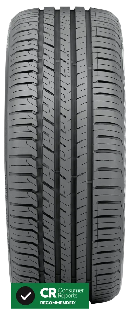 A car drives into the horizon of a snow-covered forest at dusk